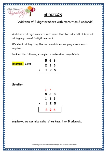  Addition of 3 digit numbers with more than 2 addends Printable Worksheets