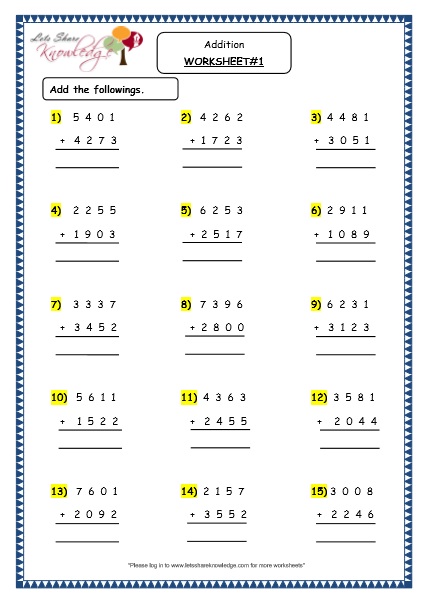 grade 4 maths resources 1 4 2 addition of 4 digit numbers with more than 2 addends printable worksheets lets share knowledge