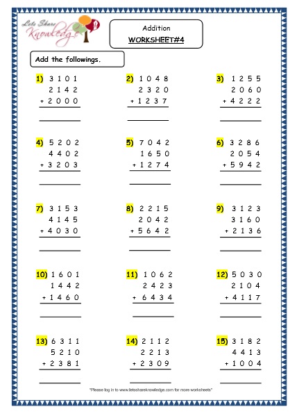 Addition of 4 digit numbers with more than 2 addends grade 4 maths resources printable worksheets topic