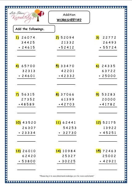  Addition of 5 digit numbers with more than 2 addends Printable Worksheets 
