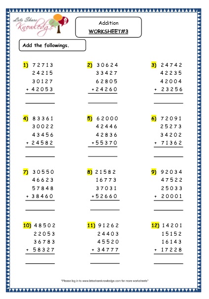 Addition of 5 digit numbers with more than 2 addends grade 4 maths resources printable worksheets topic