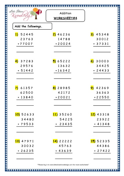  Addition of 5 digit numbers with more than 2 addends Printable Worksheets Worksheet 
