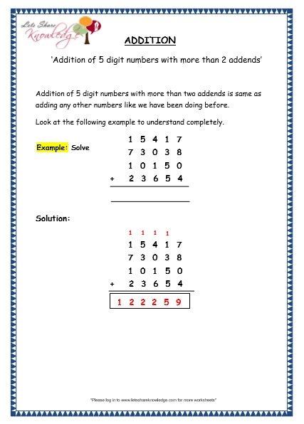  Addition of 5 digit numbers with more than 2 addends Printable Worksheets