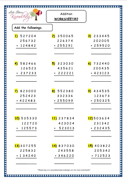  Addition of 6 digit numbers with more than 2 addends Printable Worksheets 