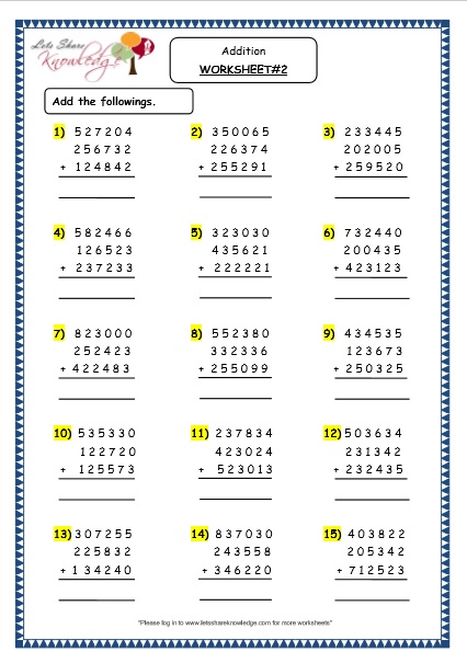 Grade 4 Maths Resources 144 Addition Of 6 Digit Numbers With More Than 2 Addends Printable 8789