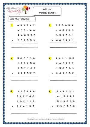 Addition of 6 digit numbers with more than 2 addends grade 4 resources printable worksheets topic