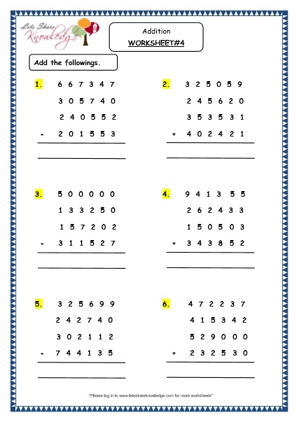 Addition of 6 digit numbers with more than 2 addends grade 4 resources printable worksheets topic