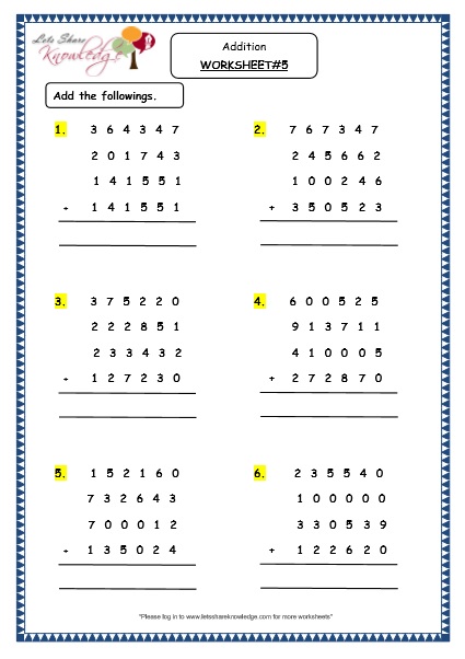  Addition of 6 digit numbers with more than 2 addends Printable Worksheets Worksheet