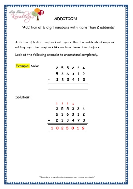  Addition of 6 digit numbers with more than 2 addends Printable Worksheets