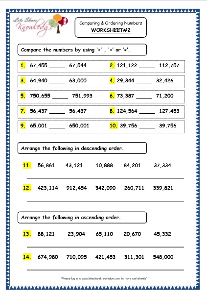 grade 4 maths resources 1 2 comparing and ordering 5 and 6 digit numbers printable worksheets lets share knowledge
