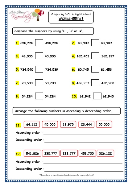  Comparing and Ordering 5 and 6 Digit Numbers Printable Worksheets Worksheets