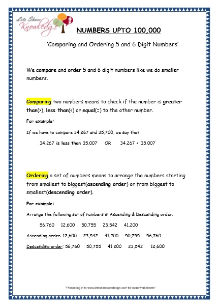 grade 4 maths resources 1 2 comparing and ordering 5 and 6 digit numbers printable worksheets lets share knowledge