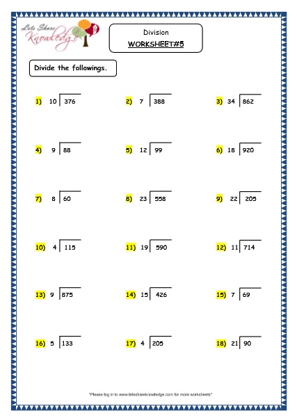 Dividing 2 digit numbers & 3 digit numbers with remainders grade 4 maths resources printable worksheets w5