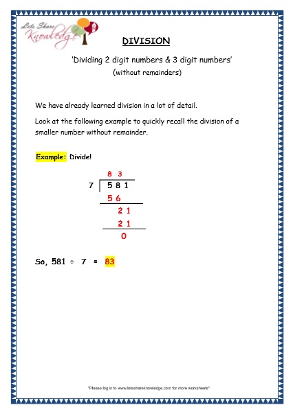  Division of 2 Digit Numbers & 3 Digit Numbers Without Remainder Printable Worksheets