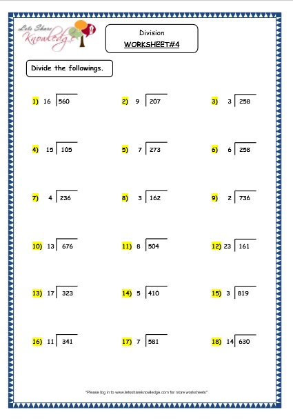  Division of 2 Digit Numbers & 3 Digit Numbers Without Remainder Printable Worksheets Worksheet 