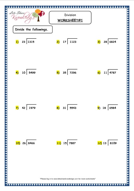  Division of 4 Digit Numbers with Double Digit Number With Remainder Printable Worksheets Worksheet
