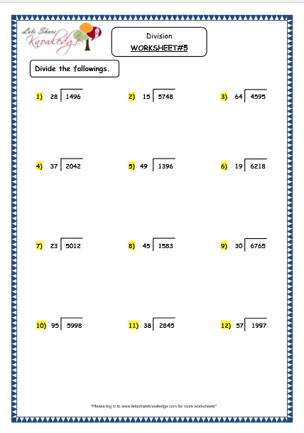 Dividing a 4 digit number by a double digit number with remainder grade 4 maths resources printable worksheets w5
