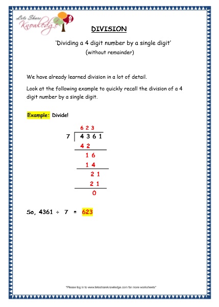  Division of 4 Digit Numbers with 1 Digit Number Without Remainder Printable Worksheets
