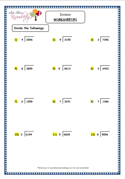 grade 4 maths resources 1 7 3 division of 4 digit number with a single digit number without remainder printable worksheets lets share knowledge