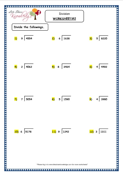  Division of 4 Digit Numbers with 1 Digit Number Without Remainder Printable Worksheets 