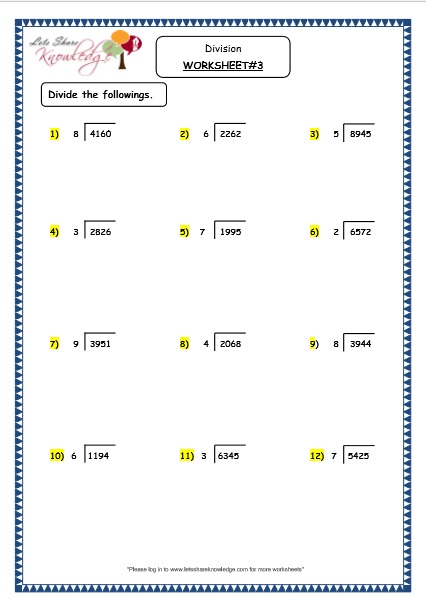  Division of 4 Digit Numbers with 1 Digit Number Without Remainder Printable Worksheets Worksheets