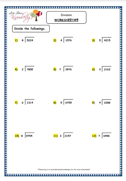 Dividing a 4 digit number by a single digit without remainder grade 4 maths resources printable worksheets w5