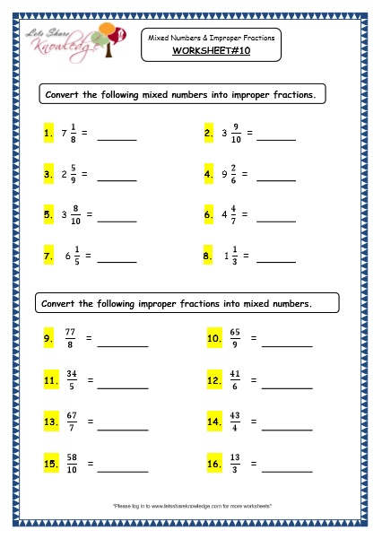 Mixed Numbers and Improper Fractions grade 4 maths resources printable worksheets w10