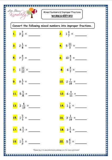  Mixed Numbers and Improper Fractions Printable Worksheets Worksheets