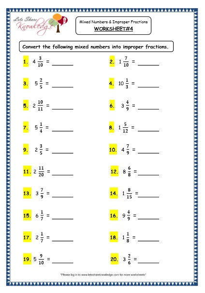  Mixed Numbers and Improper Fractions Printable Worksheets Worksheet 
