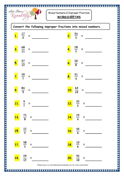  Mixed Numbers and Improper Fractions Printable Worksheets Worksheet