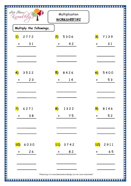  Multiplication of 4 Digit Number by a 2 Digit Number Printable Worksheets 