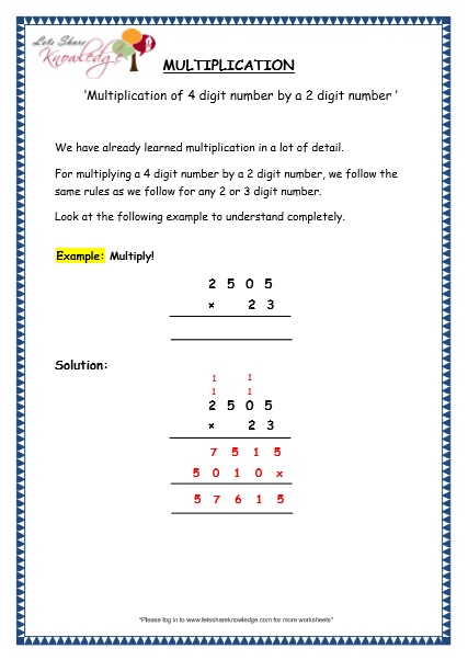 Multiplication of 4 Digit Number by a 2 Digit Number Printable Worksheets