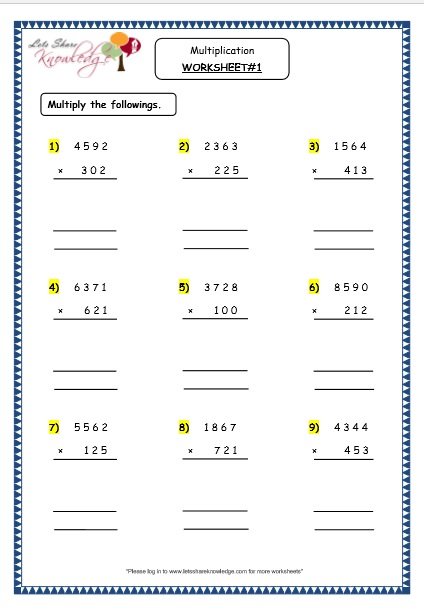  Multiplication of 4 Digit Number by a 3 Digit Number Printable Worksheets Worksheet