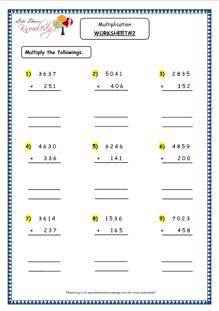  Multiplication of 4 Digit Number by a 3 Digit Number Printable Worksheets 