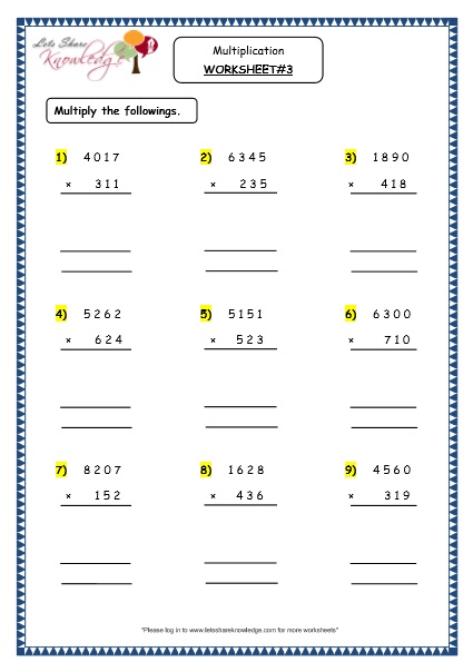  Multiplication of 4 Digit Number by a 3 Digit Number Printable Worksheets Worksheets