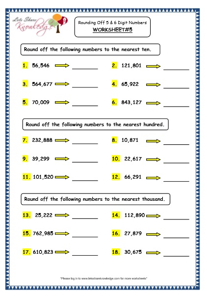 Rounding Off to the Nearest Ten, Hundred and Thousand grade 4 maths resources worksheets topic