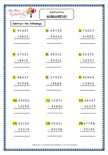 Subtraction of 5 Digit Numbers with & without Regrouping Printable Worksheets Worksheet