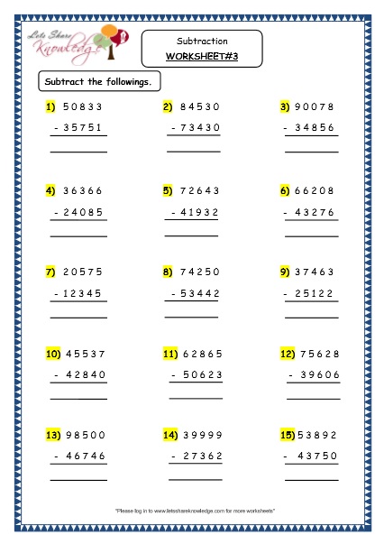  Subtraction of 5 Digit Numbers with & without Regrouping Printable Worksheets Worksheets