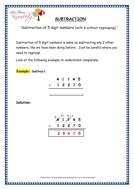  Subtraction of 5 Digit Numbers with & without Regrouping Printable Worksheets