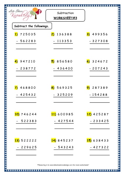 Subtraction of 6 Digit Numbers with & without Regrouping Printable Worksheets Worksheets