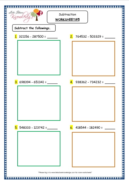  Subtraction of 6 Digit Numbers with & without Regrouping Printable Worksheets Worksheet