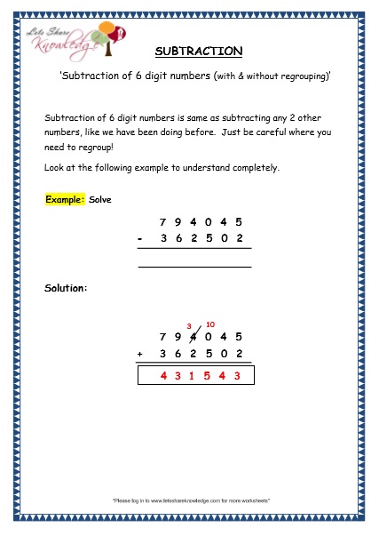  Subtraction of 6 Digit Numbers with & without Regrouping Printable Worksheets