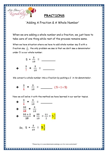  Adding a Fraction and a Whole Number Printable Worksheets