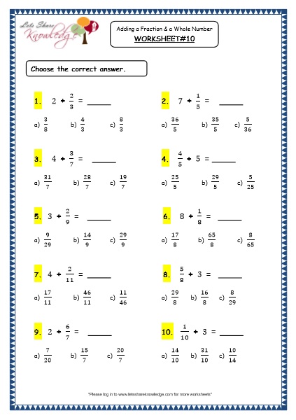  Adding a Fraction and a Whole Number Printable Worksheets Worksheet