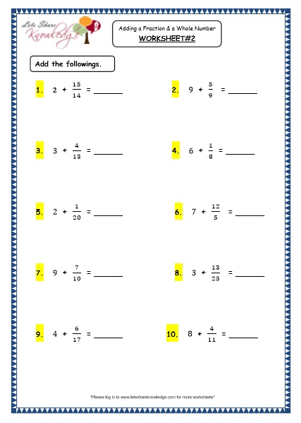  Adding a Fraction and a Whole Number Printable Worksheets 