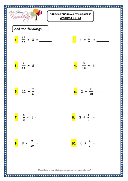  Adding a Fraction and a Whole Number Printable Worksheets Worksheet 