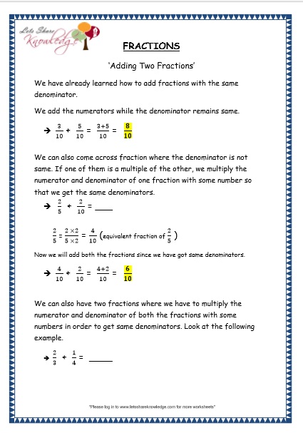 adding two fractions grade 4 maths resources printable worksheets topic