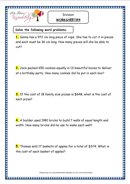 grade 4 maths resources 1 7 6 division word problems printable worksheets lets share knowledge