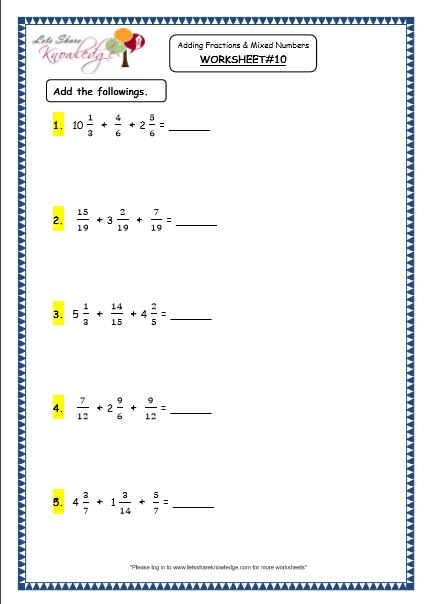 fractions adding fractions and mixed numbers grade 4 maths resources printable worksheets w10