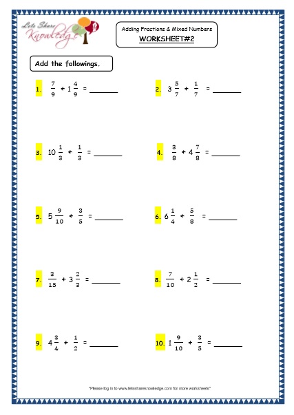  Adding Fractions and Mixed Numbers Printable Worksheets 
